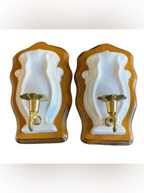 2 Vintage White and Gold Wall Sconces. Taper Candle. Wood, Ceramic, Brass.